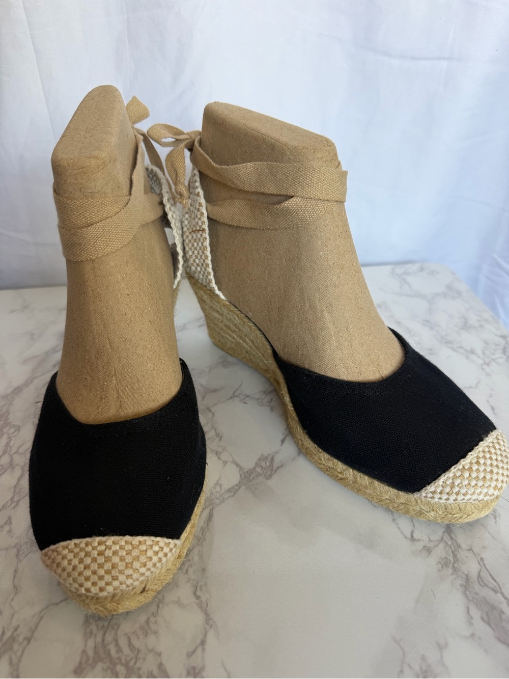 Women's Ankle-Tie Espadrille Wedges in Black and Tan